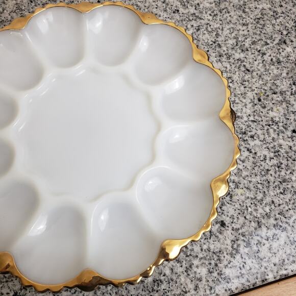 Lot of 2 Anchor Hocking Fire King Milk Glass Deviled Egg Gold Trim + Relish Tray - Picture 8 of 12
